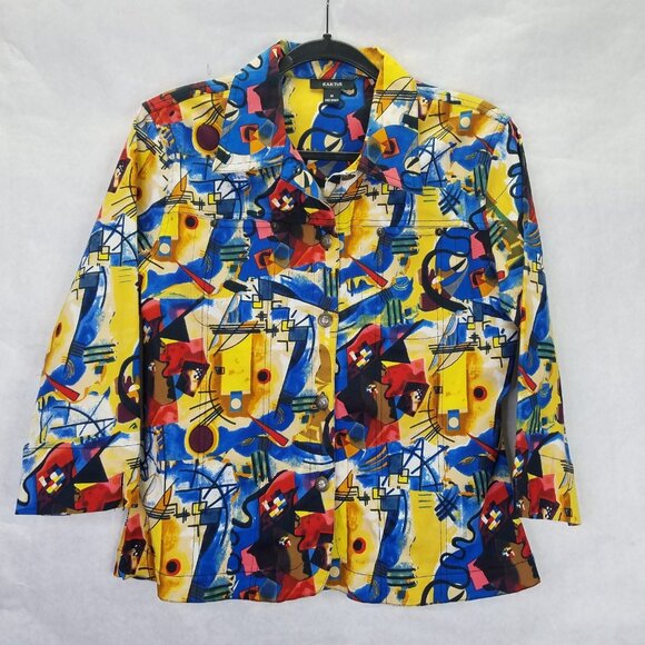 Kactus Abstract Art Jacket Women's M Denim Pockets 3/4 Sleeve Cat Faces Picasso - Picture 1 of 16